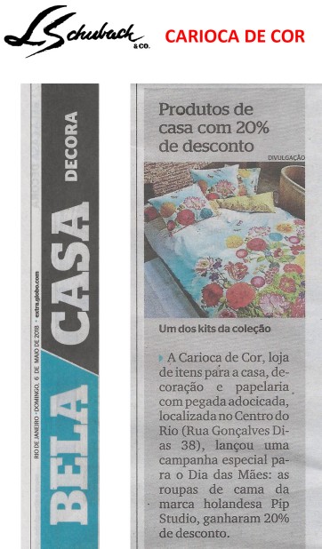 CARIOCA DE COR no caderno BELA CASA DECORA, do jornal Extra, em 6 de maio de 2018