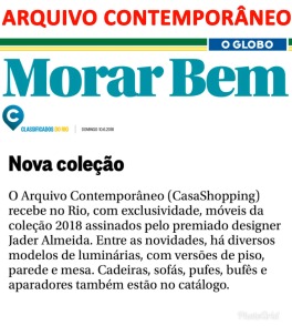 ARQUIVO CONTEMPORÂNEO no caderno Morar Bem do jornal O Globo em 10 de junho de 2018